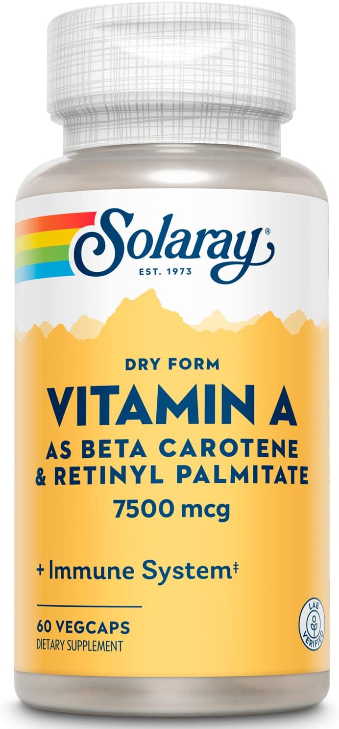 Amazon.com: SOLARAY Dry Form Vitamin A - Vitamin A as 60% Beta Carotene and 40% Retinyl Palmitate with Carrot Powder - Eyes, Antioxidant Activity, and Immune System Support - 60 Servings, 60 VegCaps : Health & Household