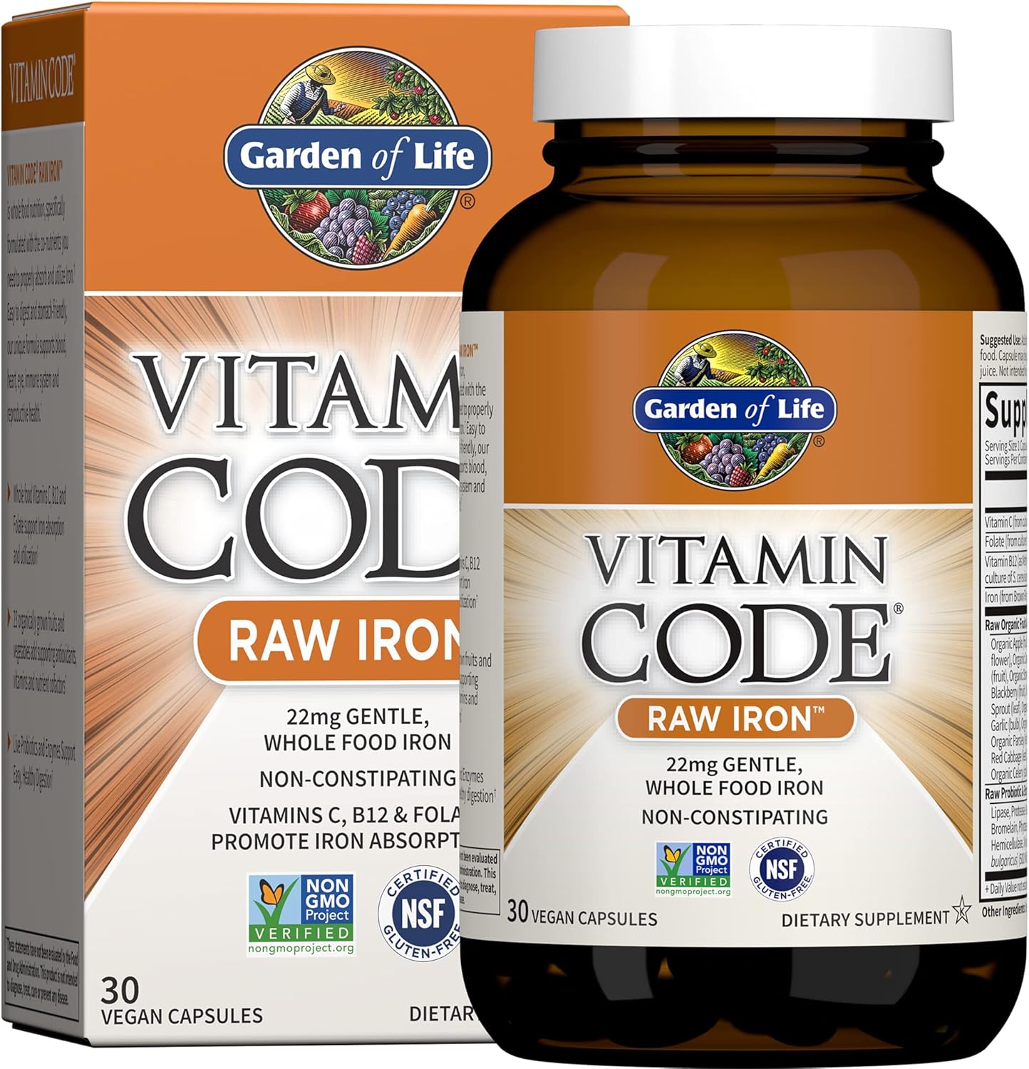 Amazon.com : Complément de fer brut Vitamin Code de Garden of Life - 30 capsules véganes, 22 mg de fer une fois par jour, vitamines C, B12, folate, fruits, légumes & probiotiques, compléments de fer pour femmes, soutien énergie et anémie