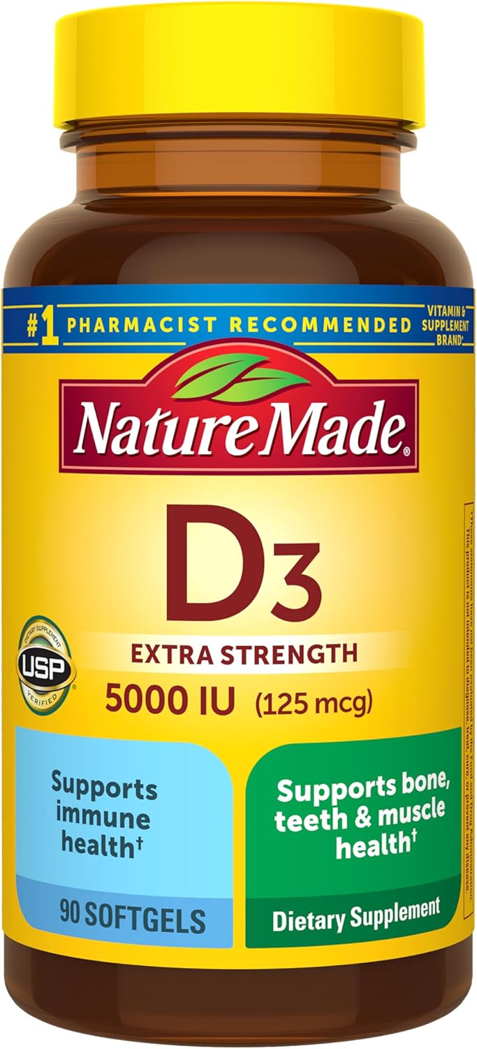 Amazon.com: Nature Made Vitamin D3 5000 IU (125 mcg) Softgels, Extra Strength Vitamin D Supplement for Bone and Immune Health Support, 90 Softgels, 90 Day Supply : Health & Household