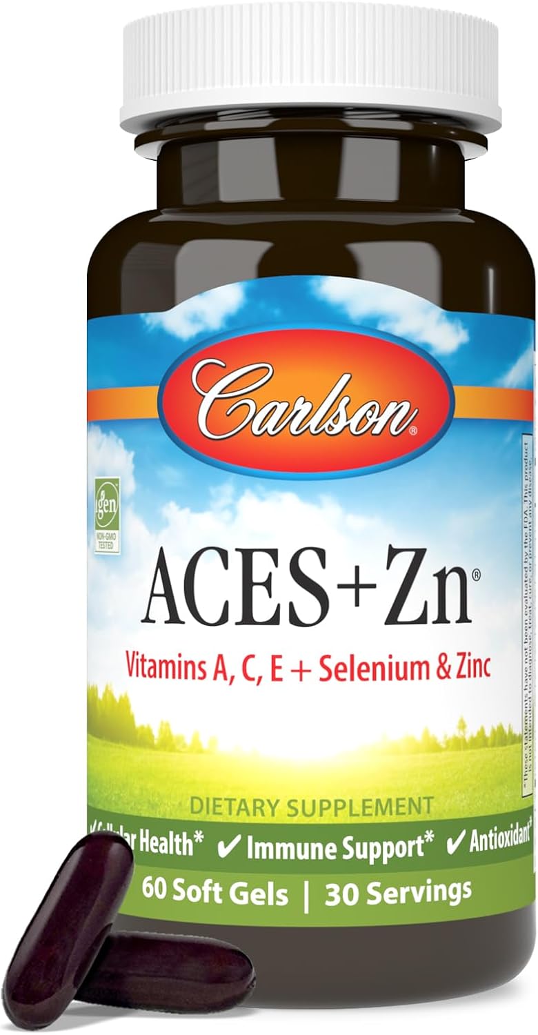 Amazon.com: Carlson - ACES + Zn, Vitaminele A, C, E + Seleniu & Zinc, Sănătate celulară și suport imunitar, Antioxidant, 60 capsule moi