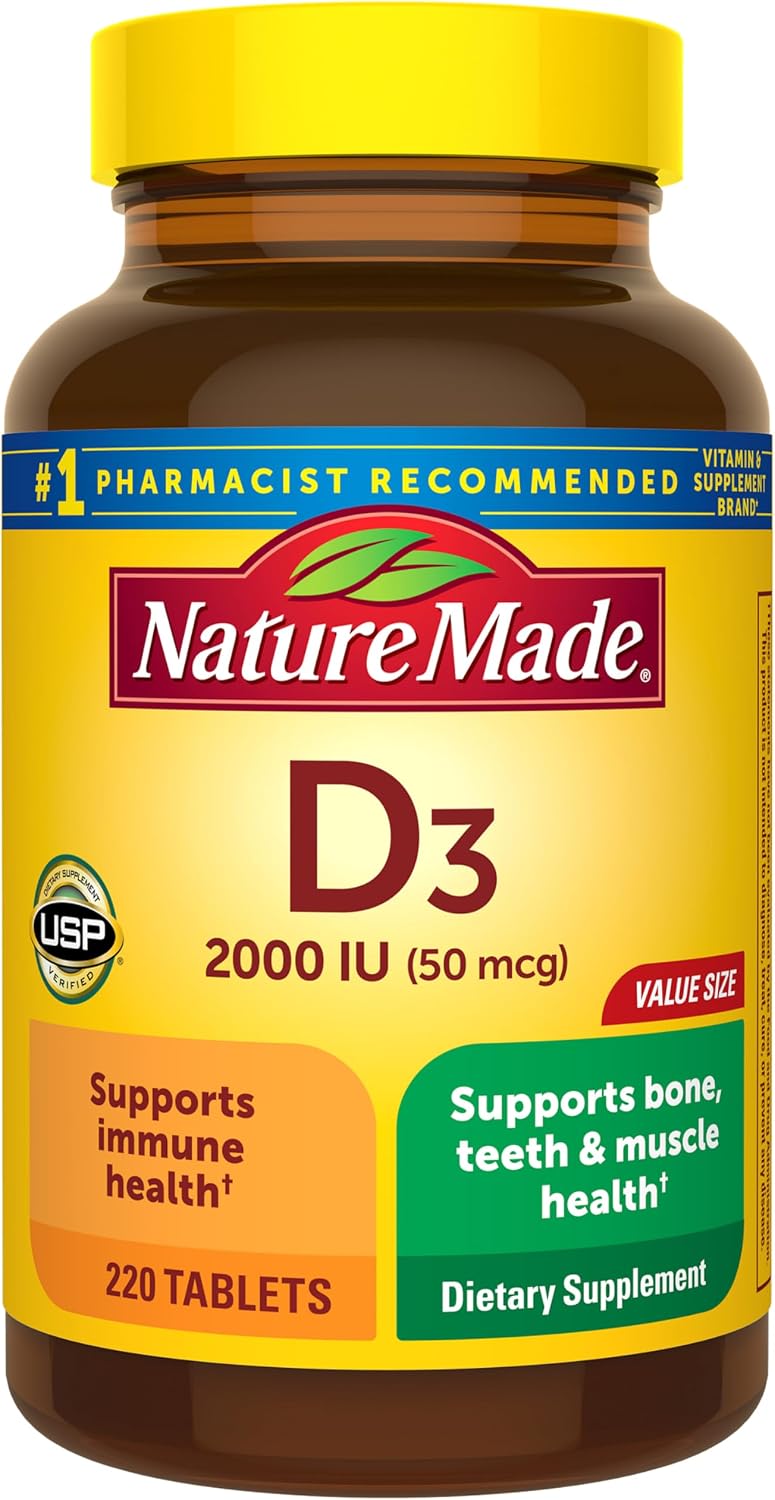 Amazon.com: Nature Made Vitamin D3 2000 IU (50 mcg), 220 Vitamin D Tablets | Vitamin D Supplement for Immune, Bone, Teeth and Muscle Health Support, 220 Day Supply : Health & Household