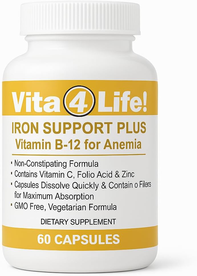 Amazon.com : Vita4Life!® Iron Support Plus - 40 mg de fer avec vitamine C, B-12, acide folique et zinc - 60 capsules - Formule non constipante pour le soutien des globules rouges et de l'énergie - Végétarien & sans OGM