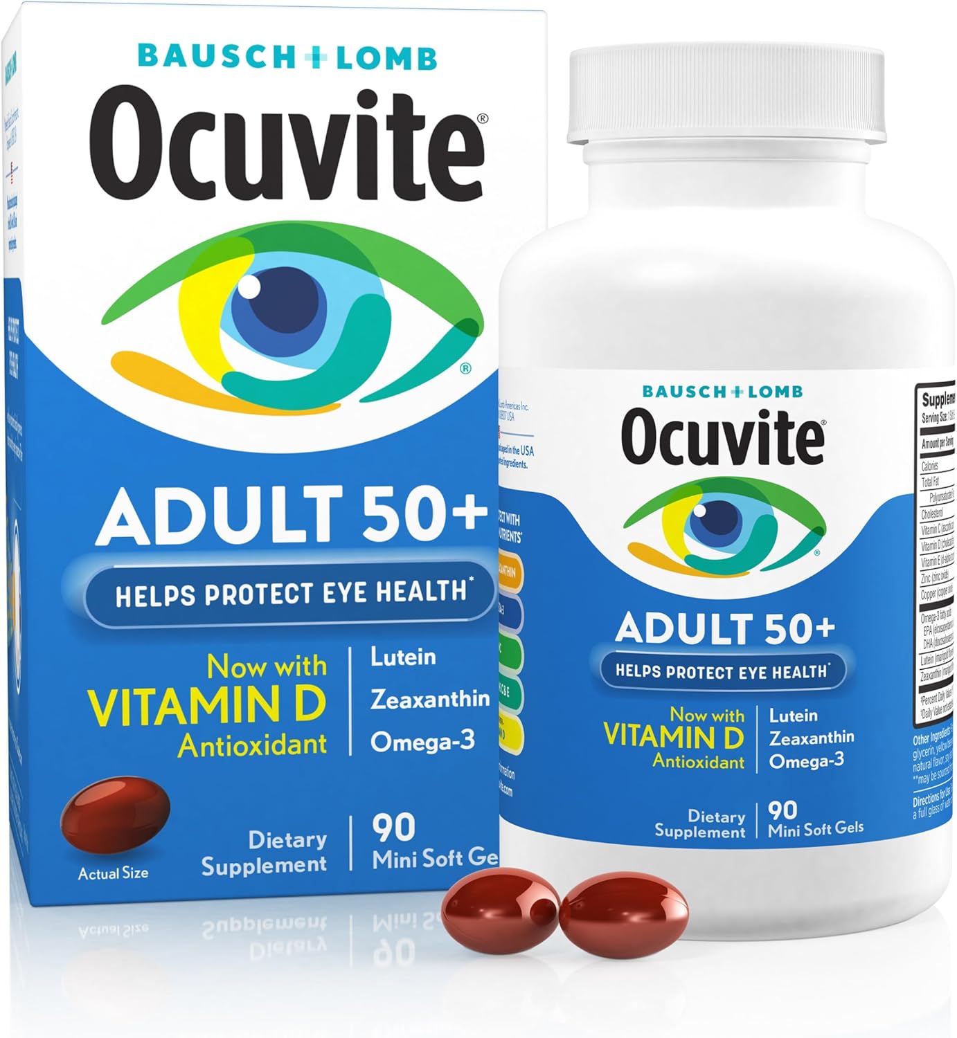 Amazon.com: Ocuvite 50+ Eye Vitamin & Mineral Supplement, Multivitamin for Vision & Ocular Health with Omega-3, Zinc, Vitamins C & E, Lutein & Zeaxanthin, Zinc Supplements for Women and Men, 90 Softgels : Health & Household