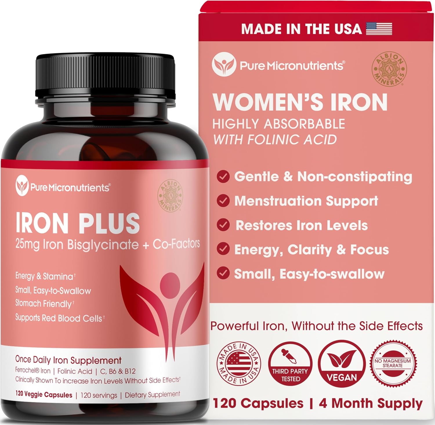 Amazon.com : Complément de fer pour femmes - Fer bisglycinate chélaté doux 25 mg avec vitamines C, B6, B12, acide folique – Soutient la carence en fer, santé menstruelle et énergie - 120 comprimés