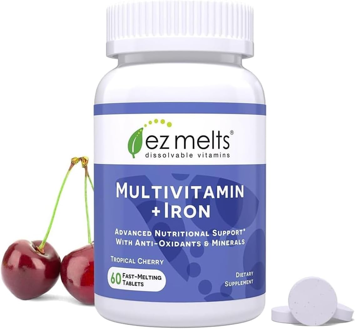 Amazon.com: EZ Melts Multivitamin + Iron - Daily Multivitamin for Women & Men - Supports Healthy Energy Levels & Antioxidant Protection - Non-GMO & Vegan - Tropical Cherry - 60 Dissolvable Tablets (30 Servings) : Health & Household