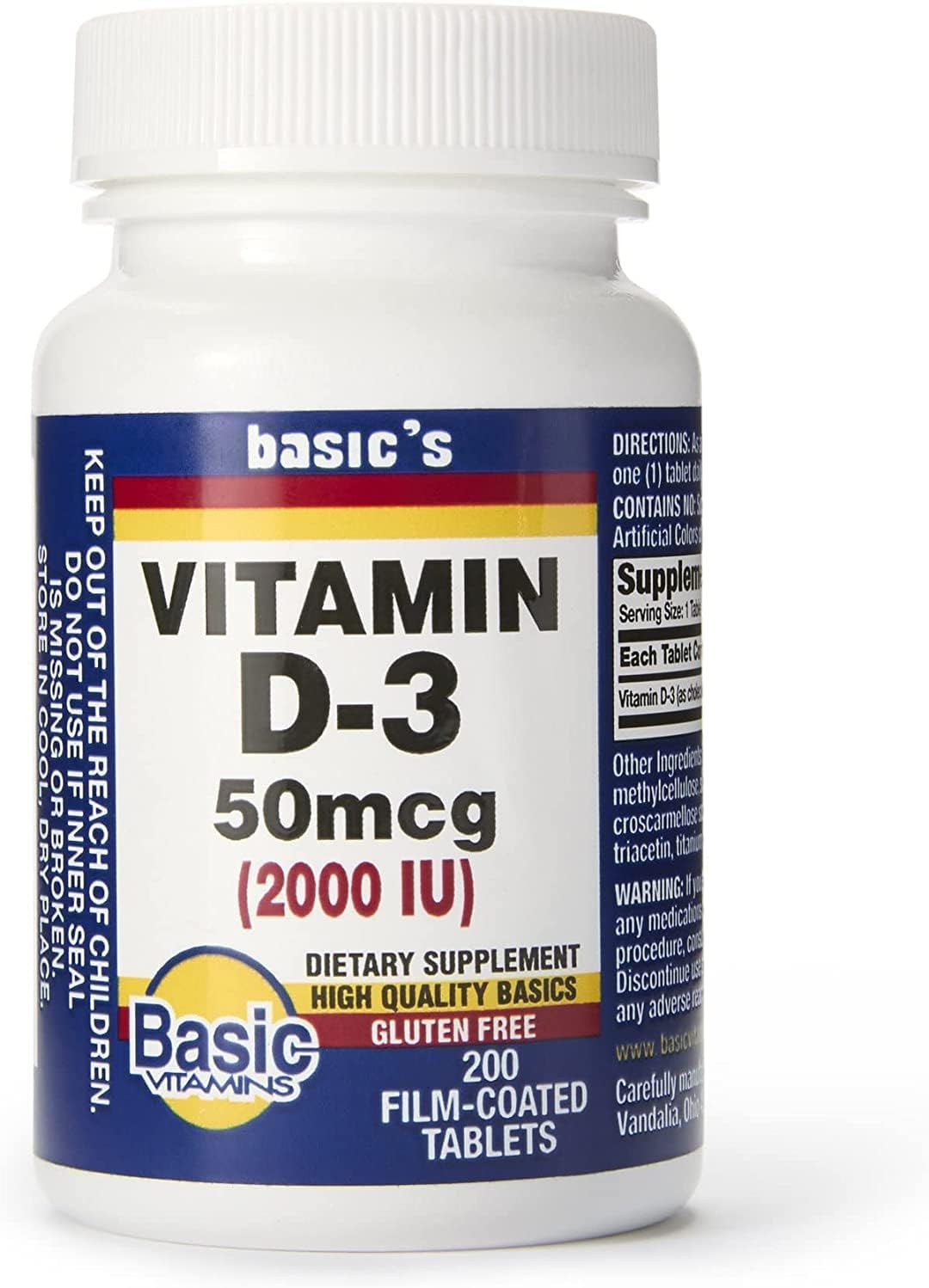 Amazon.com: Basic Vitamins Natural Vitamin D-3 2000 IU - 200 Film-Coated Tablets : Health & Household
