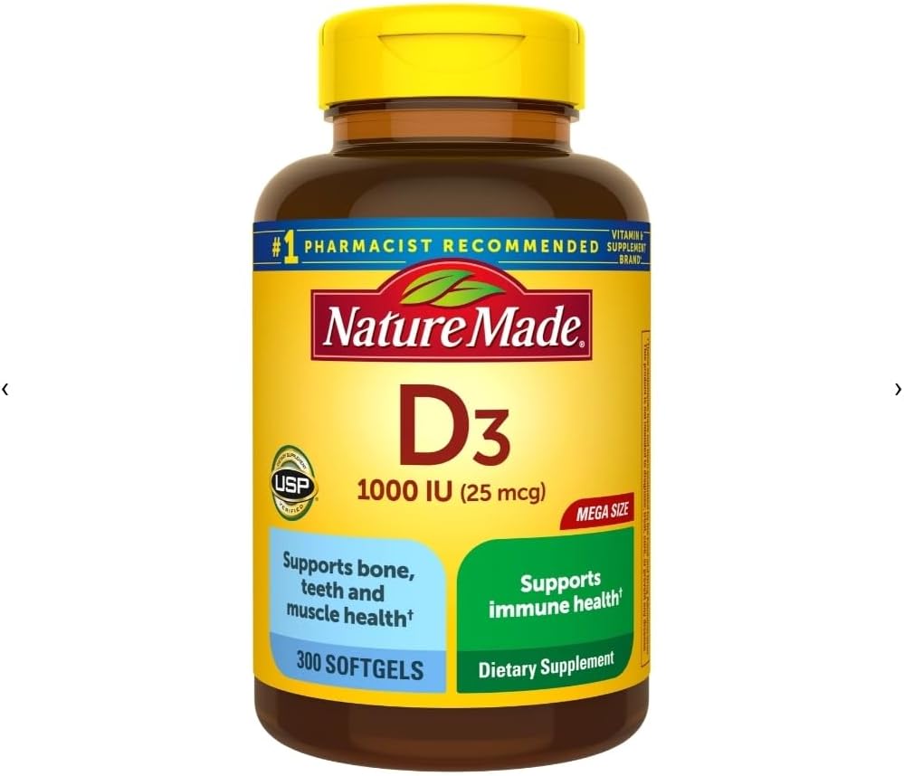 Amazon.com: Vitamin D3, 300 Softgels, Vitamin D 1000 IU (25 mcg) Helps Support Immune Health, Strong Bones and Teeth, & Muscle Function, 125% of the Daily Value for Vitamin D in Only One Daily Softgel : Health & Household