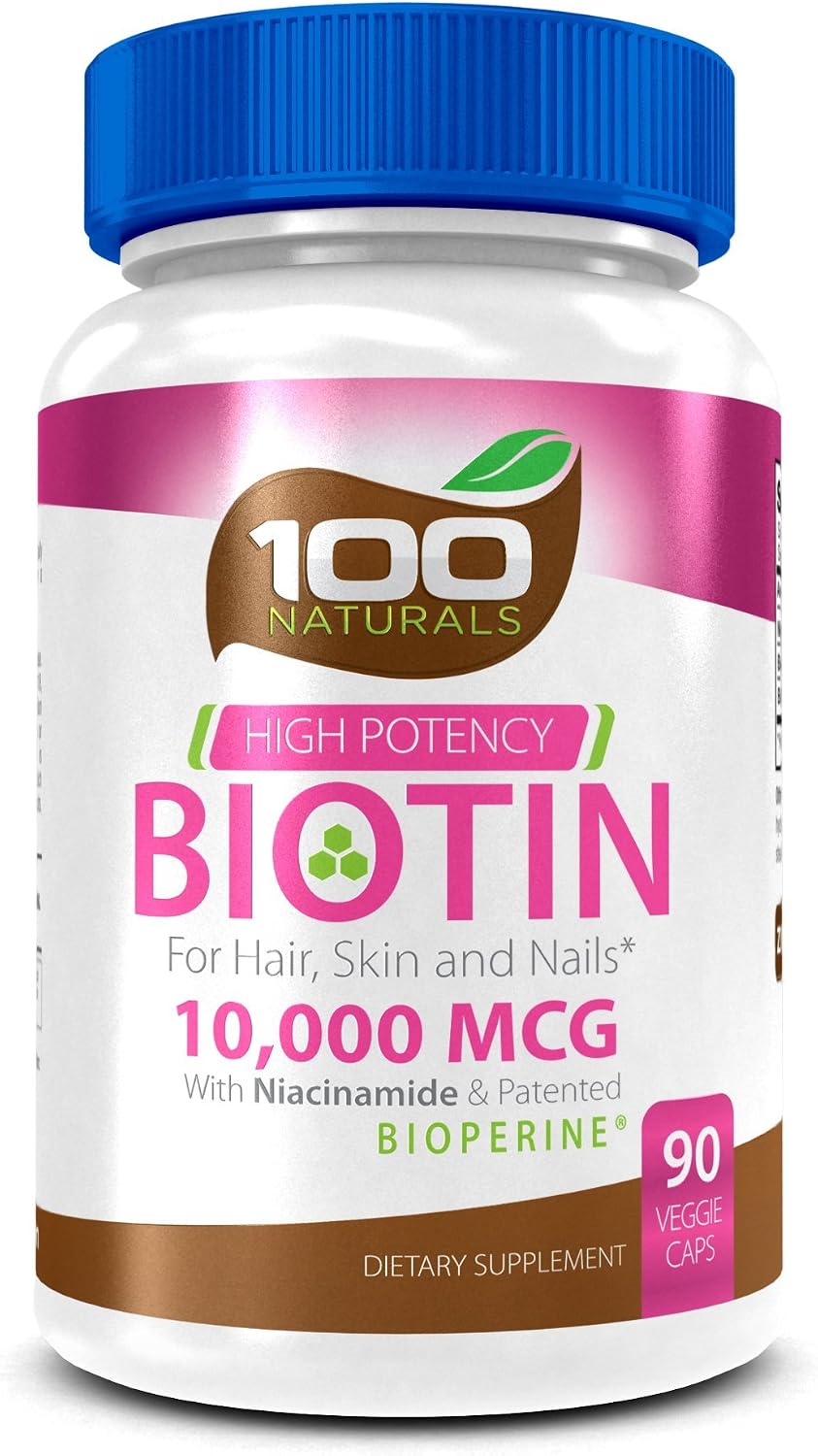 Amazon.com: Pure Biotin 10,000 MCG - Maximum Strength Vitamin B - Complex Supplement to Reduce Hair Loss, Improve Hair, Skin and Nail Health for Women and Men– 3 Month Supply- by 100 Naturals : Health & Household