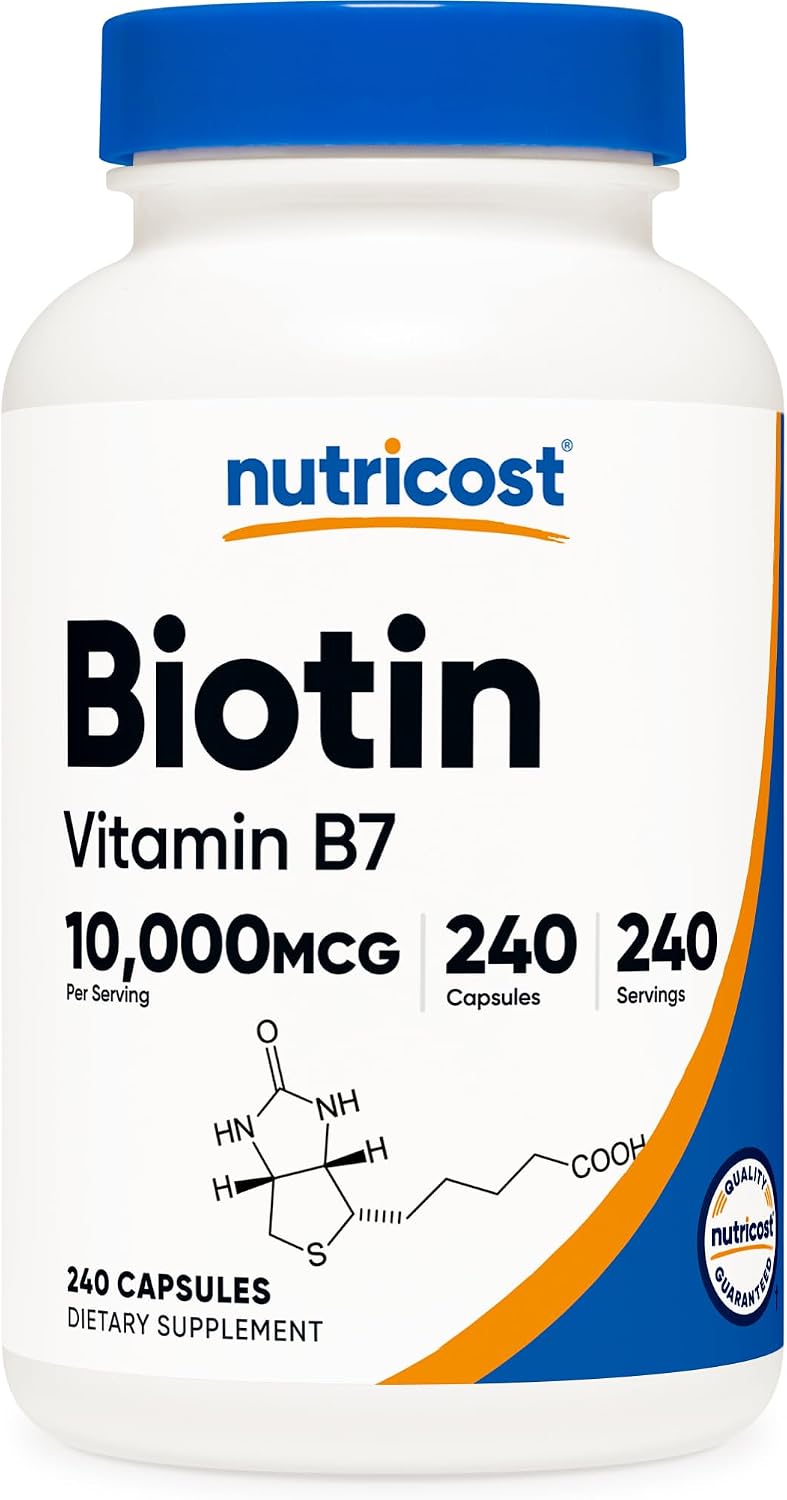 Amazon.com: Nutricost Biotin (Vitamin B7) 10,000mcg (10mg), 240 Capsules, Quick Release | Vegetarian, Gluten Free, GMO-Free : Health & Household
