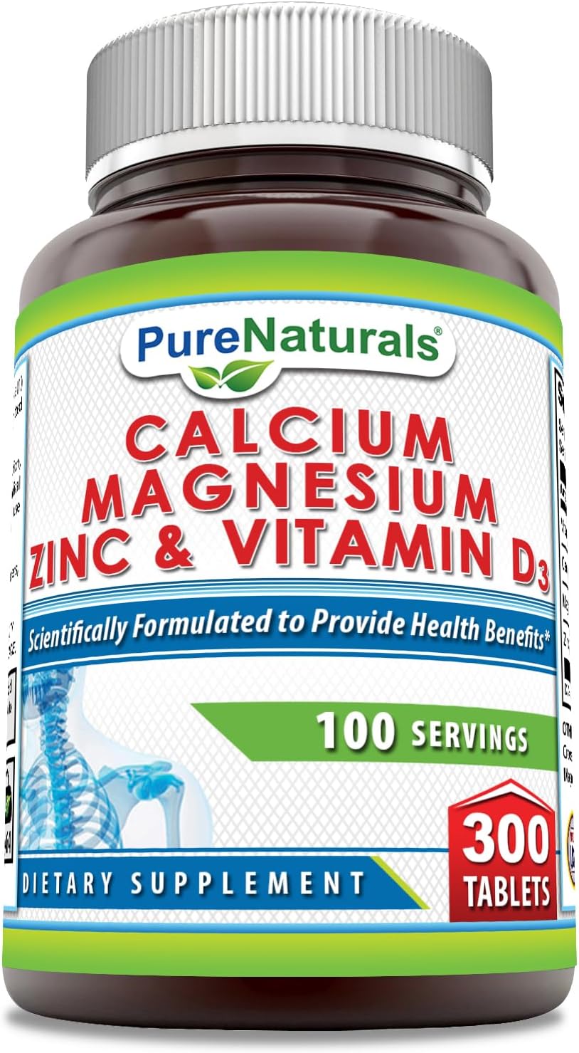 Amazon.com: Pure Naturals Calcium Magnesium Zinc Vitamin D3 Supplement | Calcium 1000mg, Magnesium 400mg, Zinc 25mg, Vitamin D3 600 IU | Non-GMO | Gluten Free (300 Tablets) : Health & Household