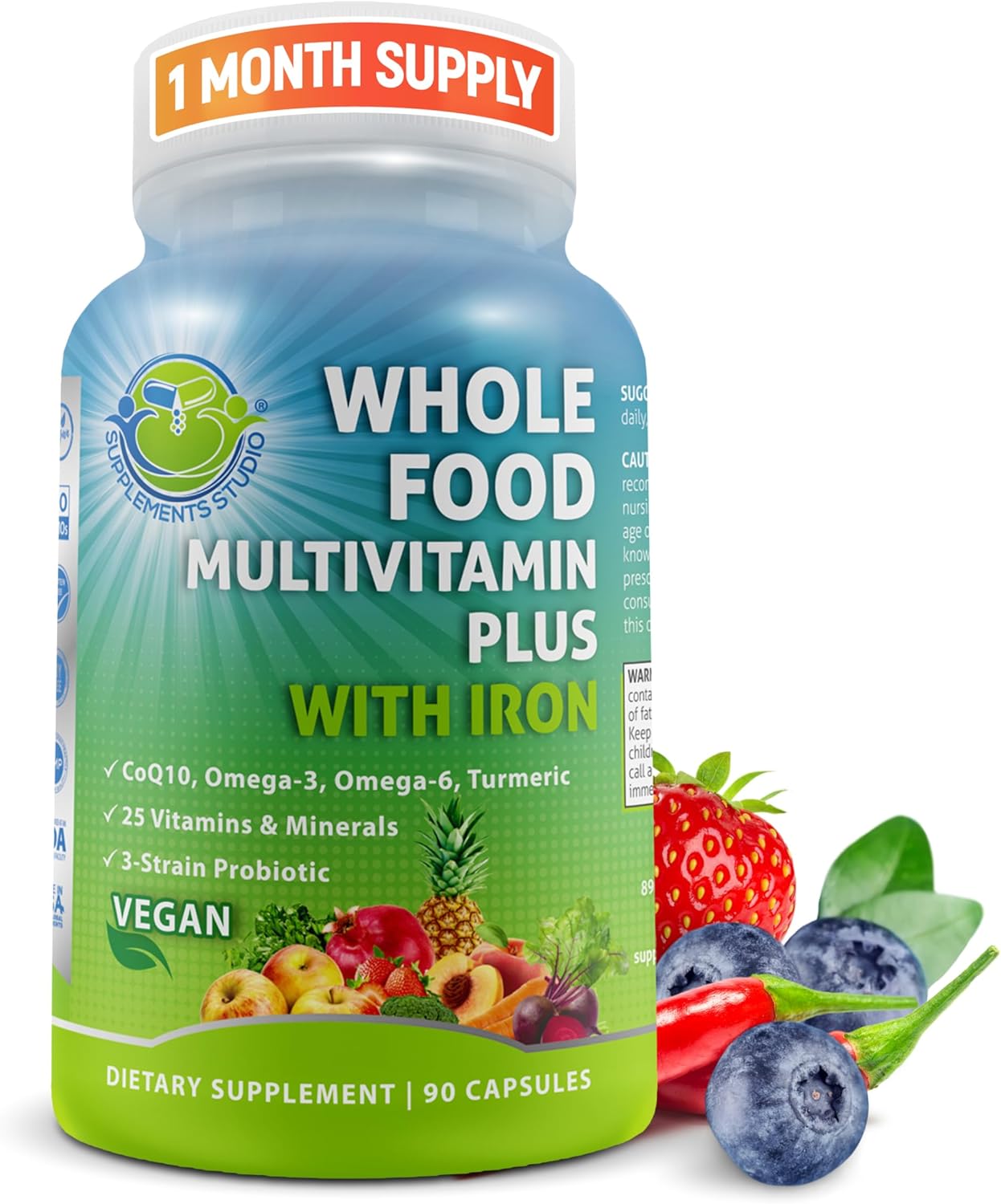 Amazon.com: Vegan Whole Food Daily Multivitamin with Iron, Methylated Multivitamin for Women and Men, Made with Fruits & Vegetables, B-Complex, Probiotics, Enzymes, CoQ10, Omegas, Turmeric, Non-GMO, 90 Count : Health & Household