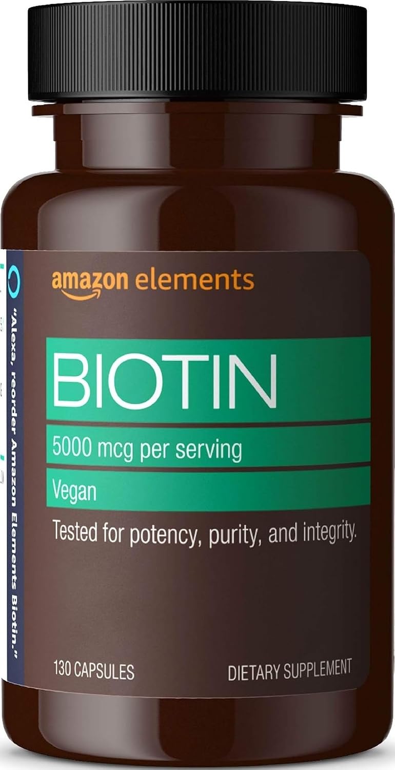 Amazon.com: Amazon Elements Vegan Biotin 5000 mcg for Hair, Skin, and Nails, 130 Capsules, 4 Month Supply (Packaging may vary)