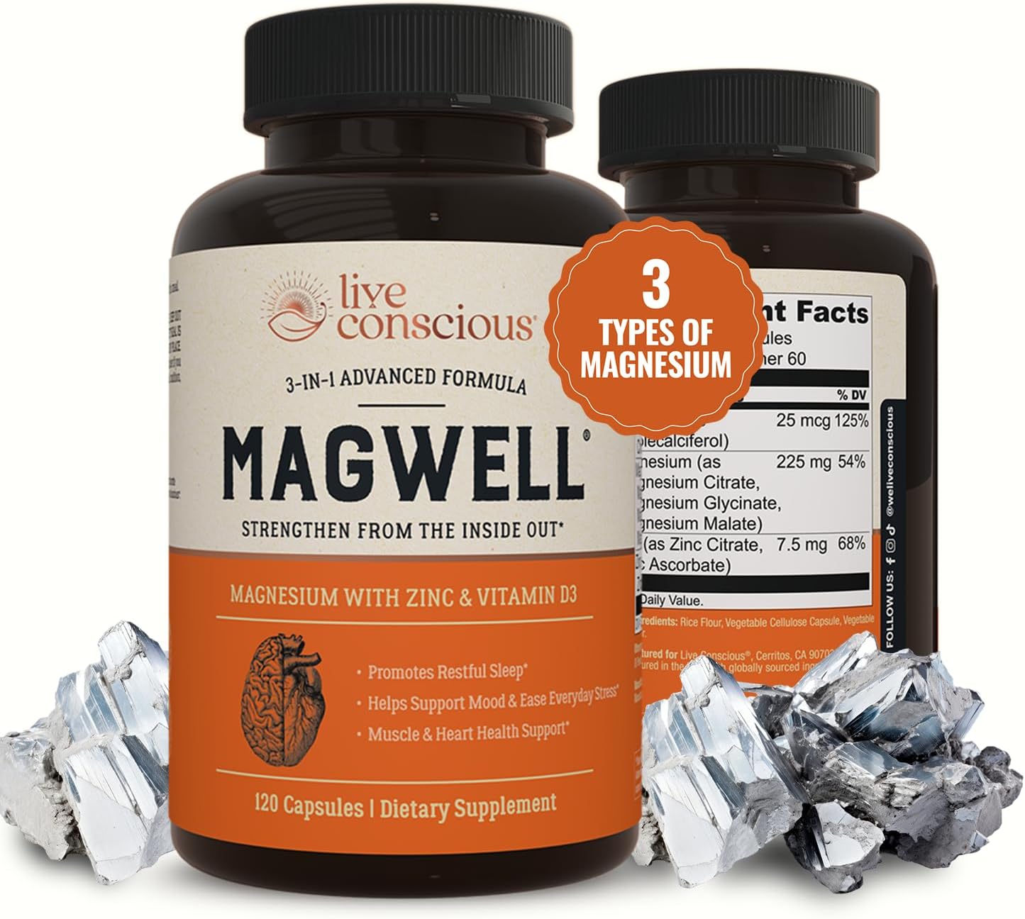 Amazon.com: Live Conscious Magwell Magnesium Zinc & Vitamin D3 - Magnesium Glycinate, Malate, & Citrate - Triple Supplement for Women & Men - for Sleep, Bone, Heart, Immune Support - 120 Caps : Everything Else