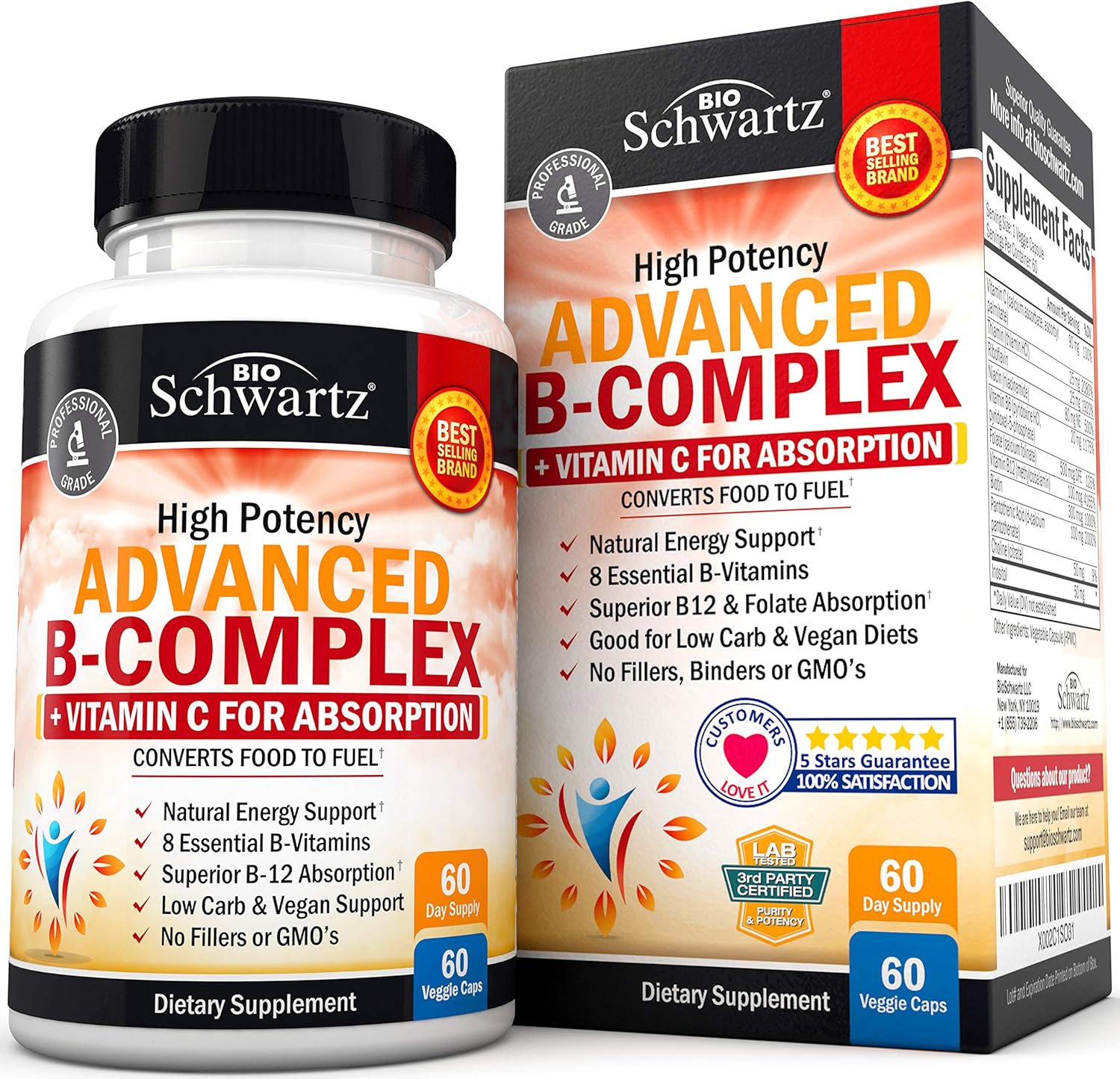 Amazon.com: Vitamin B Complex with Vitamin C for Maximum Absorption - Methylcobalamin b12 & Folate Folic Acid Supplement - B1 B2 B3 B5 B6 B7 B9 for Immune Energy & Nervous System Support - Non-GMO, 60 count : Health & Household