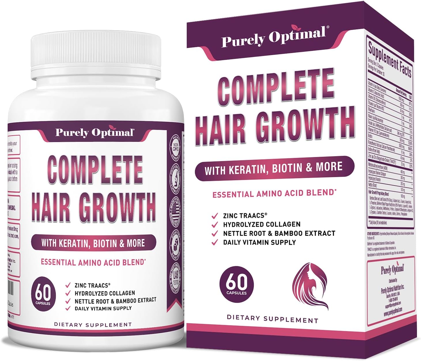Amazon.com: Purely Optimal Complete Hair Growth Vitamins for Women & Men – Supports Thicker, Stronger Hair Growth, Healthy Skin & Nails – Biotin, Collagen, Keratin – Easy-to-Take, Unflavored, 60 Capsules : Health & Household