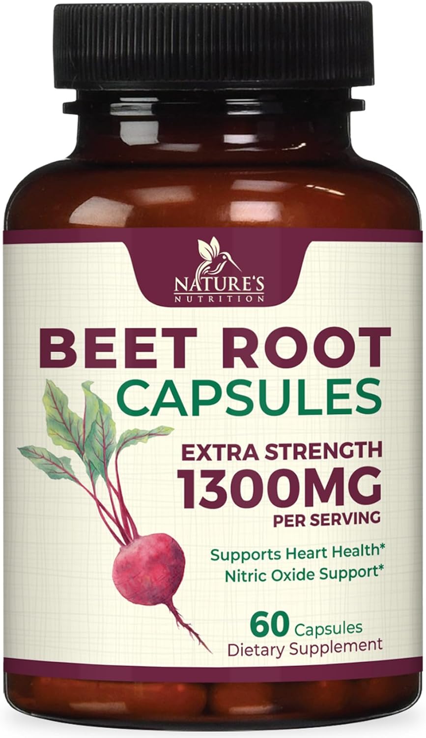 Amazon.com: Beet Root Capsules - 1300mg per Serving - Extra Strength Organic Beetroot Powder Supplement - Supports Nitric Oxide Production, Heart Health & Natural Energy - Bottled in USA - 60 Veggie Capsules : Health & Household