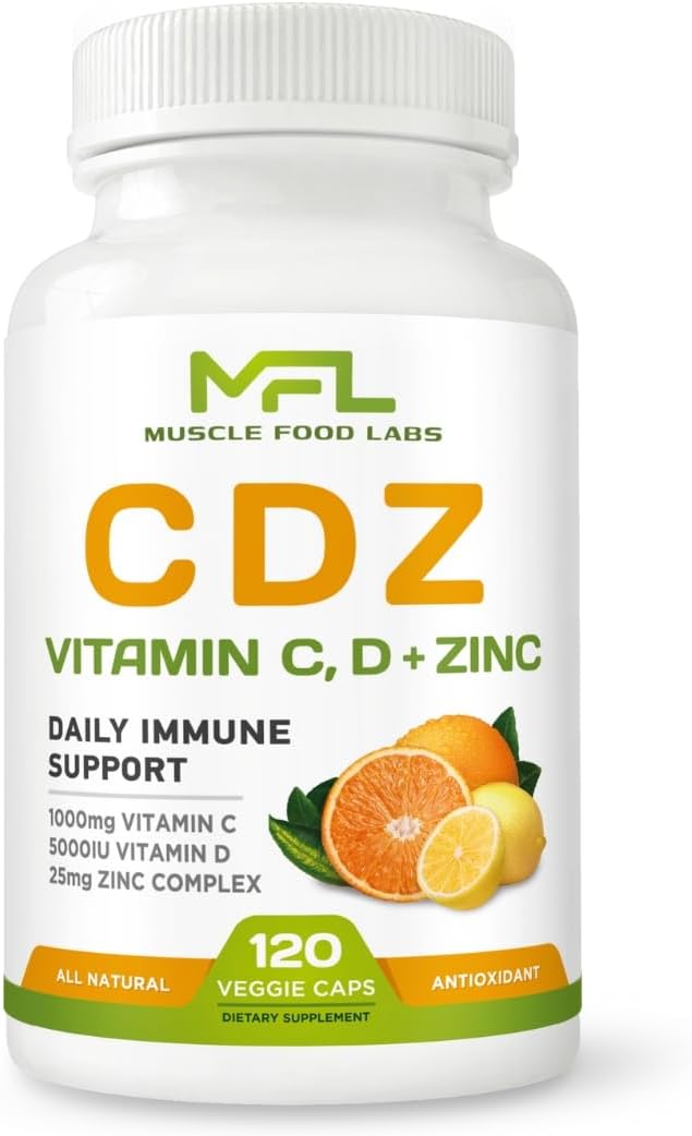 Amazon.com: MUSCLE FOOD LABS | C D Z | Vitamina C, 1000mg | Vitamina D3, 125mcg | Zinc, 25mg | Fără OMG & fără gluten | 120 capsule vegetariene | 120 porții