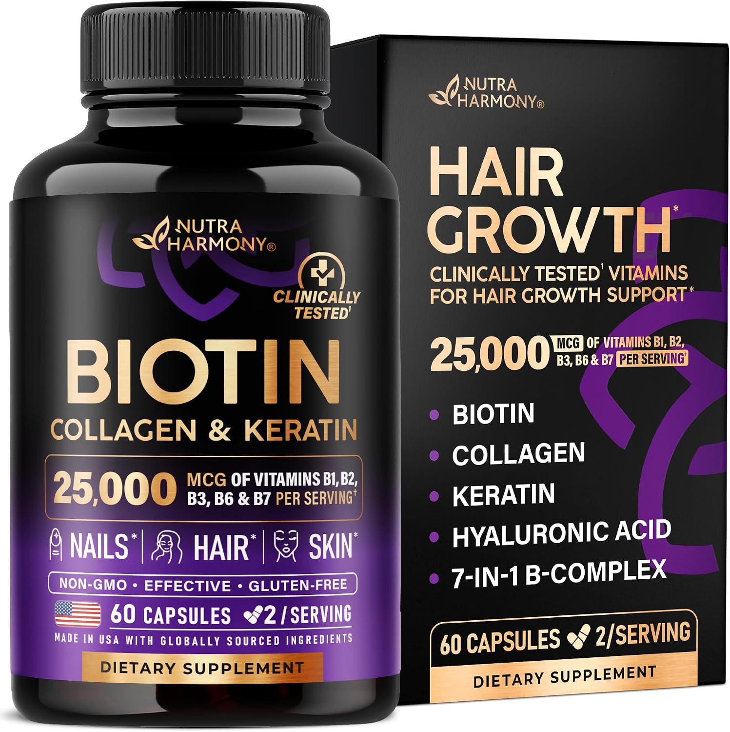 Amazon.com: Biotin, Collagen, Hyaluronic Acid & Keratin - Hair Growth Support - 60 Caps | Hair, Skin & Nails Vitamins - Clinically Tested Supplement for Men & Women - 25000mcg Vitamins B1, B2, B3, B6 & B7 : Health & Household