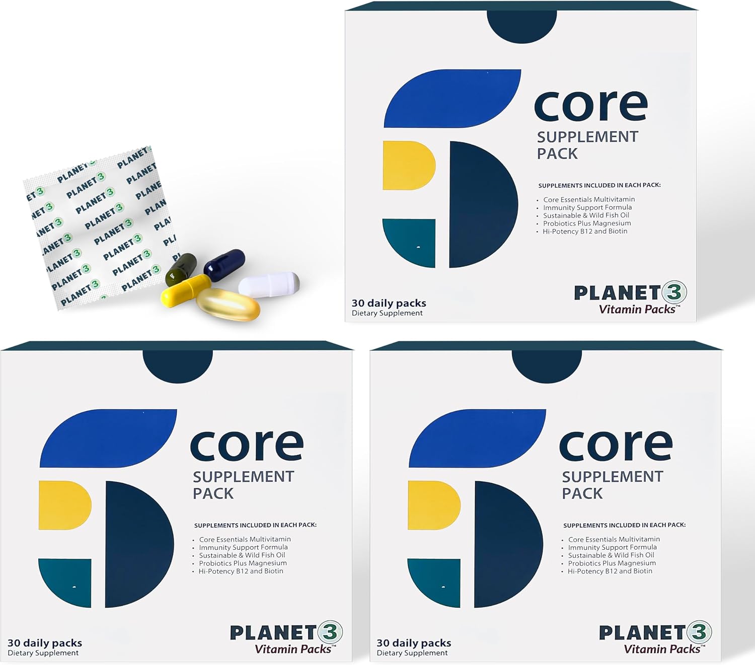 Amazon.com: Planet 3 Vitamin Packs, Daily Vitamins for Both Men & Women, Energy, Immune & Heart Support | Multivitamin, Vitamin D, Omega 3, Probiotics, Biotin, B12 & More | Core Supplements | 90 Daily Packs : Health & Household
