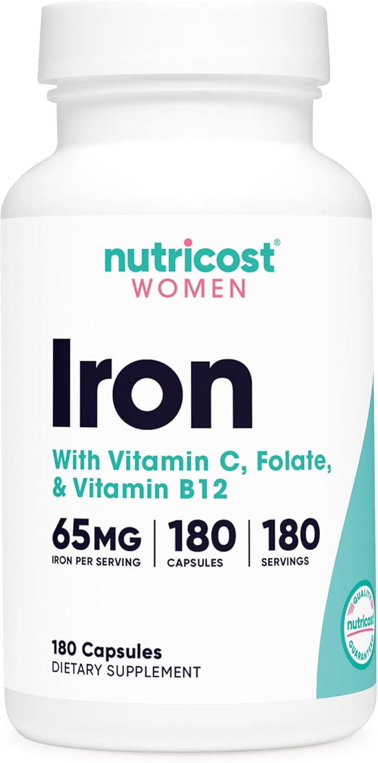 Amazon.com : Nutricost fer pour femmes 65 mg, 180 capsules, avec vitamine C, folate et vitamine B12 - Convient aux végétariens, sans OGM, sans gluten