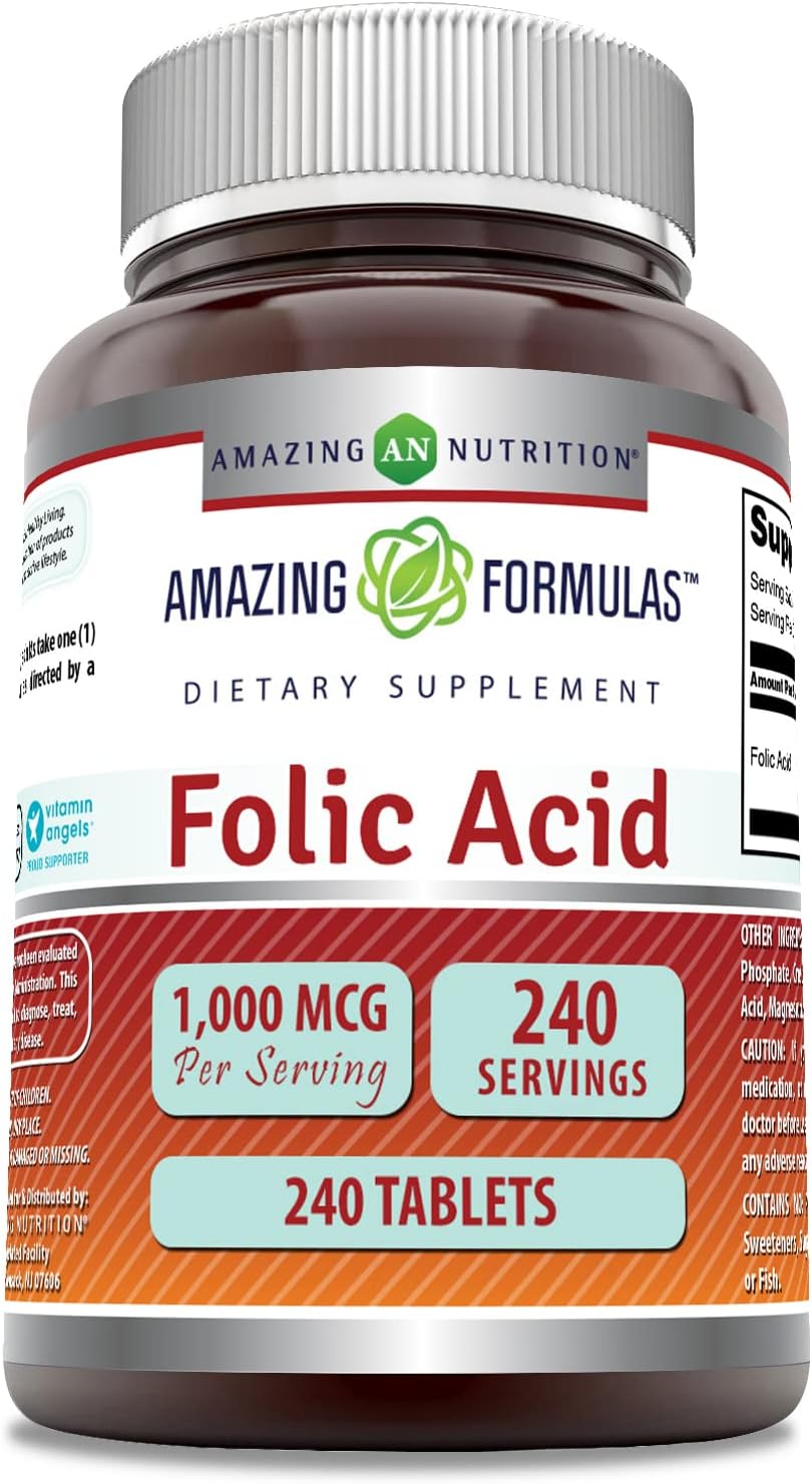 Amazon.com: Amazing Formulas 葉酸 1000 mcg (1 mg) | 240錠サプリメント | ビタミンB9 | 非遺伝子組換え | グルテンフリー | 米国製 : ヘルス＆ハウスホールド