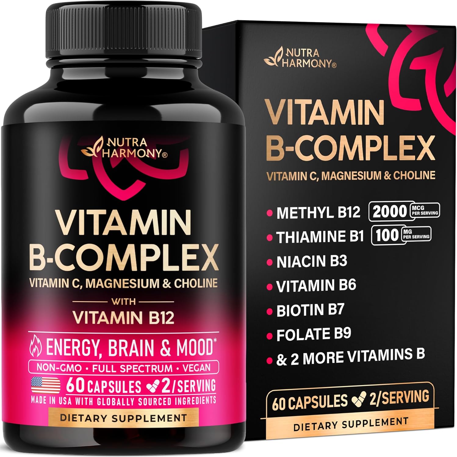 Amazon.com: Vitamin B Complex for Men & Women - Riboflavin B2, B12, B1, B3, B5, B6, B7, B8, B9 | Vitamin C, Choline, Inositol - B-Complex Supplement - Energy, Brain & Heart Support - Made in USA, 60 Vegan Caps : Health & Household