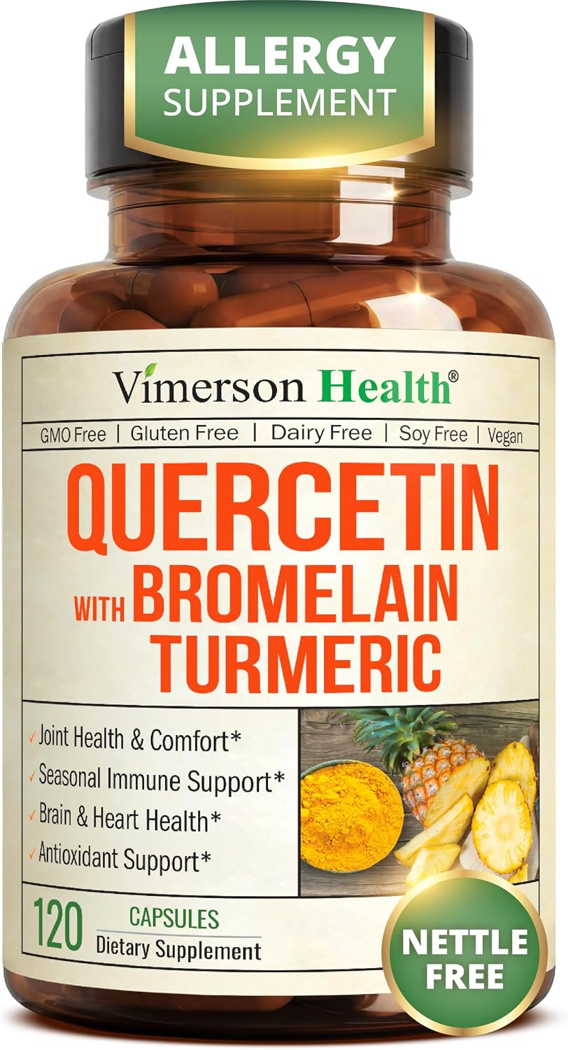 Amazon.com: Quercetin with Bromelain Turmeric Curcumin Supplement – Triple Action: Allergy Relief, Inflammation and Joint Support with Organic Tumeric + Bioperine for Max Absorption – 120 Quercetin 500mg Capsules : Health & Household