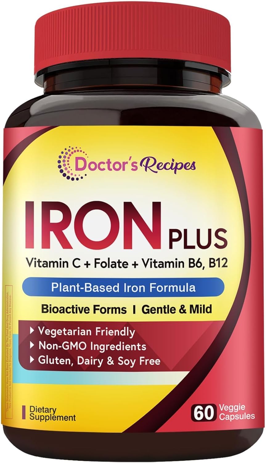 Amazon.com : Complément de fer Doctor's Recipes pour femmes et hommes - Fer bisglycinate doux avec vitamine C, B6, folate et B12, gélules de fer douces pour l'estomac, 60 gélules véganes
