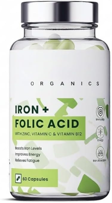 Amazon.com : Complément de fer + acide folique avec zinc, vitamines C et B12 | 60 gélules végétales | Soutient l'immunité et l'énergie | Améliore l'absorption du fer | Pour hommes et femmes