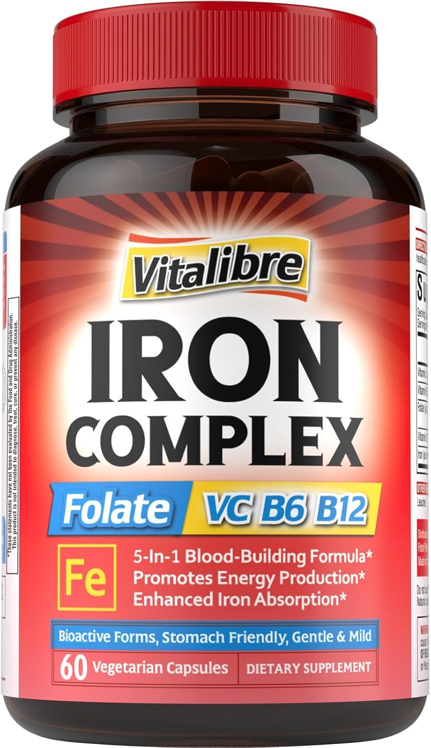 Amazon.com : Complément de fer pour femmes et hommes, avec vitamines C, B6, B12 et folate pour carence en fer, formation du sang et soutien de l'énergie, doux pour l'estomac, meilleure absorption, non-OGM, sans gluten, 60 gélules véganes
