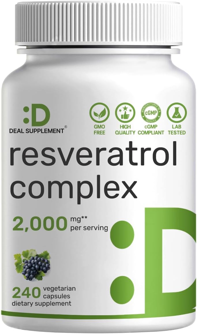 Amazon.com: DEAL SUPPLEMENT Resveratrol Complex, 240 Veggie Capsules – Trans-Resveratrol Supplement with NAD, Quercetin, Turmeric, CoQ10, & More | Non-GMO, Gluten Free : Health & Household