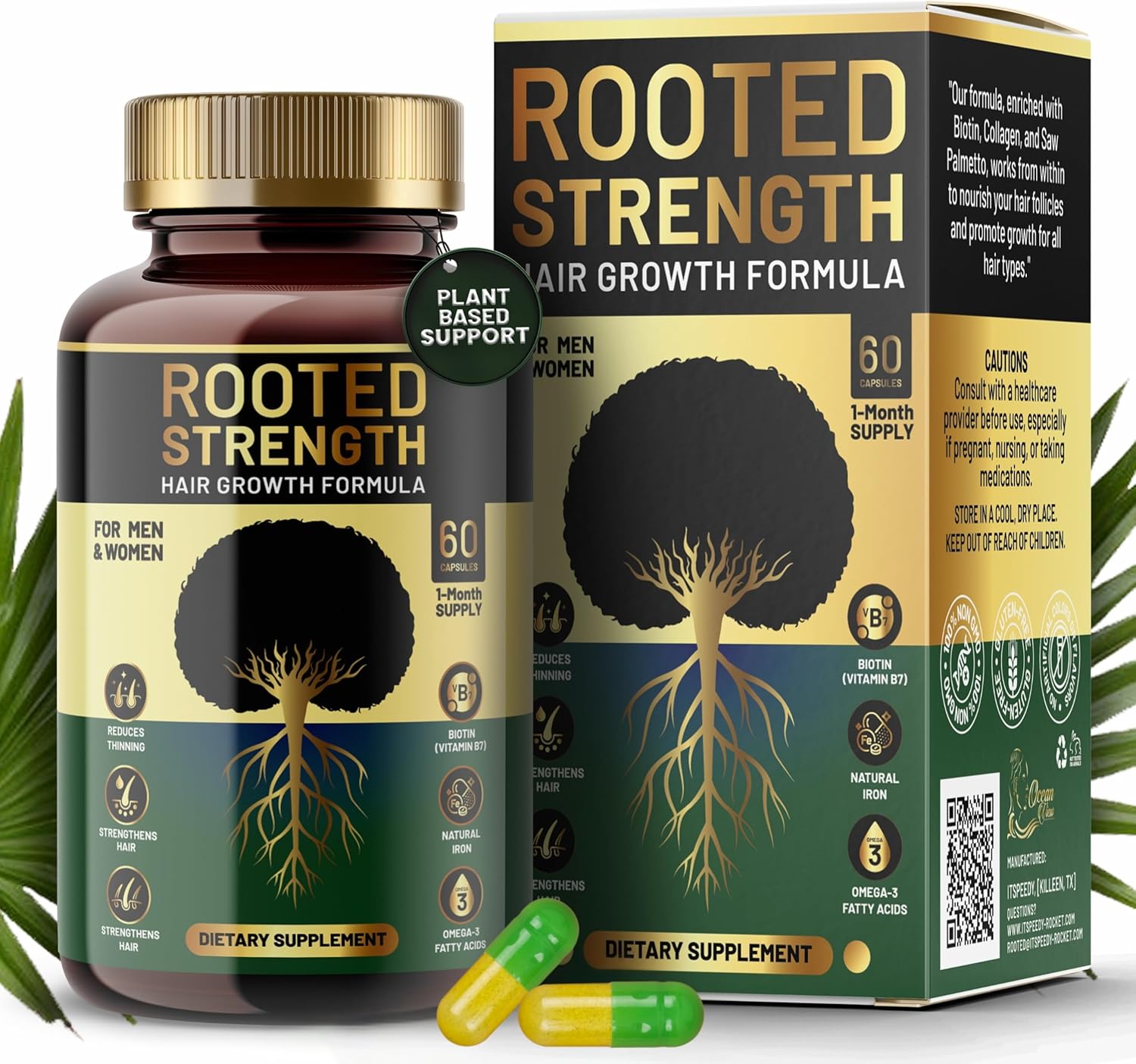Amazon.com: Rooted Strength Hair Growth Vitamins – Hair Vitamins for Black Women & Men with DHT Blocker & Collagen, Advanced Biotin for Hair Growth Women, 60 Capsules, 1-Month Supply, for Thicker, Stronger Hair : Health & Household