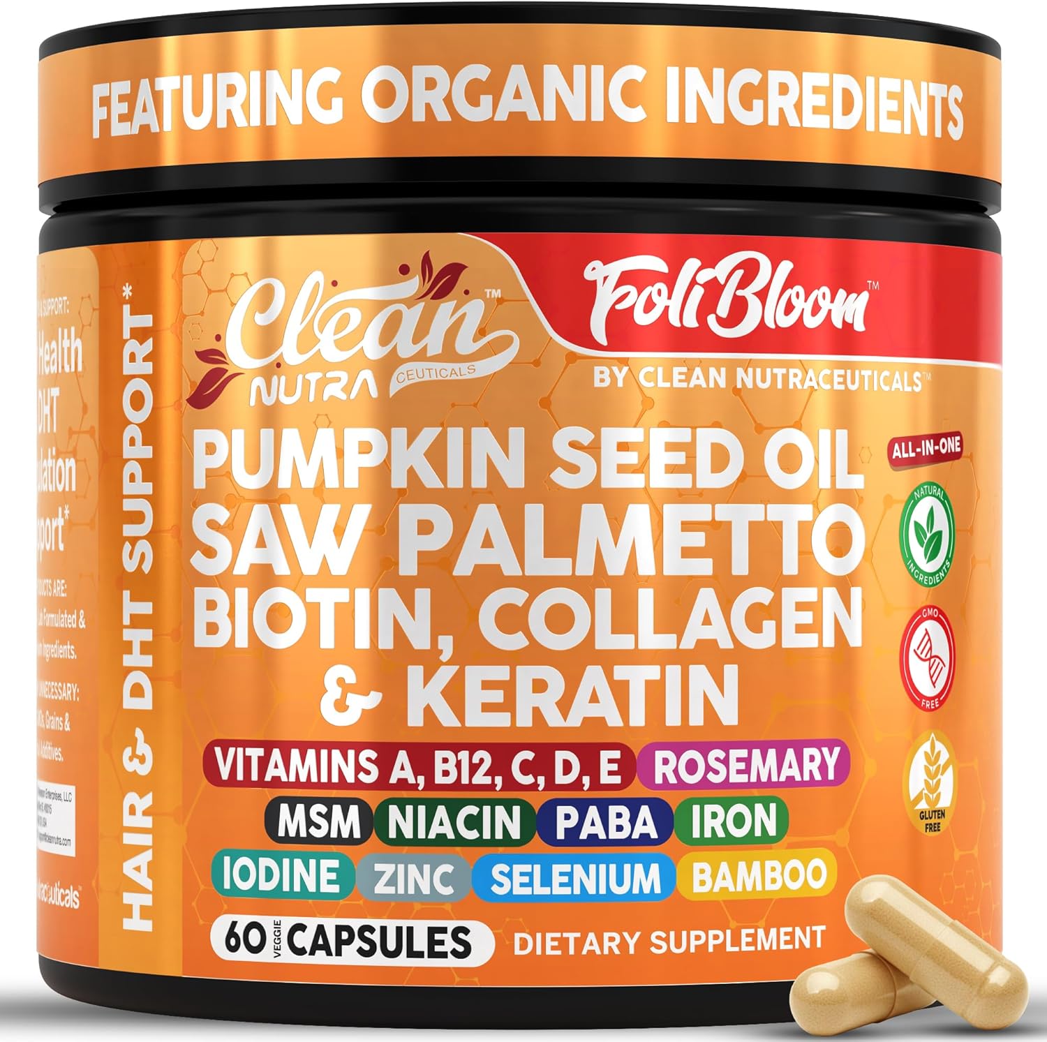 Amazon.com : Capsules d'Huile de Graines de Courge Clean Nutra + Saw Palmetto Biotine Collagène Kératine MSM Folate Acide Hyaluronique Compléments B12 Zinc Complément Capillaire pour Femmes Hommes Iode 5-MTHF B-12 Vitamine B9 - 60 Pilules